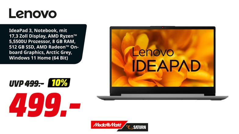 Lenovo Notebook (17,3") IP3 17ALC6 HD+ R5-5500U/8GB/512GB – Leistungsstarkes Notebook mit großem Display für höchste Produktivität und Multitasking.