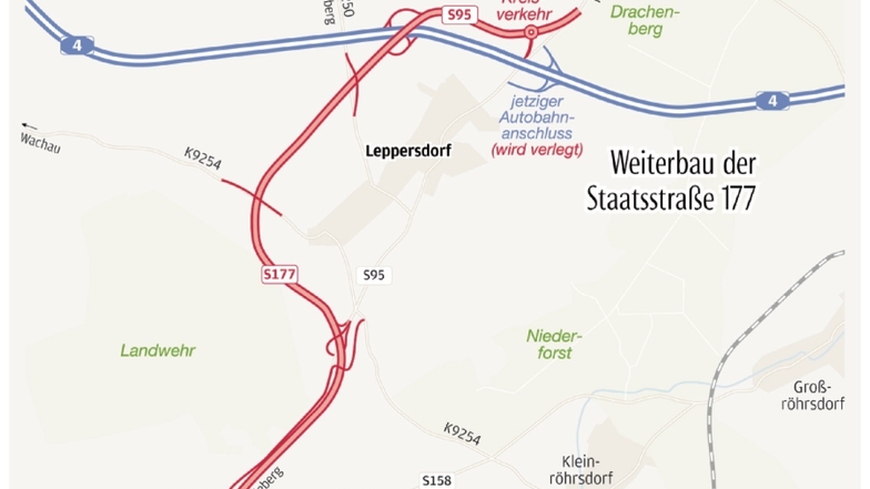 Die Karte zeigt den geplanten Verlauf der neuen S177 samt dem geplanten Autobahnanschluss.
