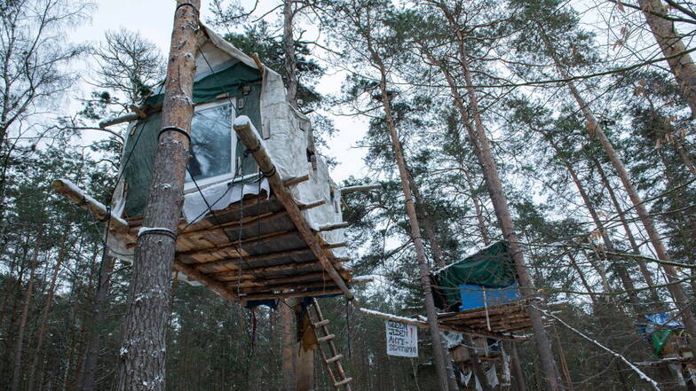 Mit wackeligen Plattformen und Baumhäusern wollen die „Heibo“-Waldbesetzer die Räumung ihres Camps verhindern.