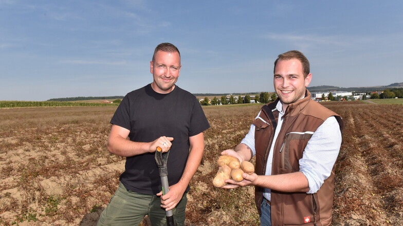 Jörg Weinhold, Chef Pflanzenproduktion,  und Christoph Proft, der neue Vorsitzende der Agrargenossenschaft Reinholdshain, sind zufrieden mit den diesjährigen Kartoffeln.