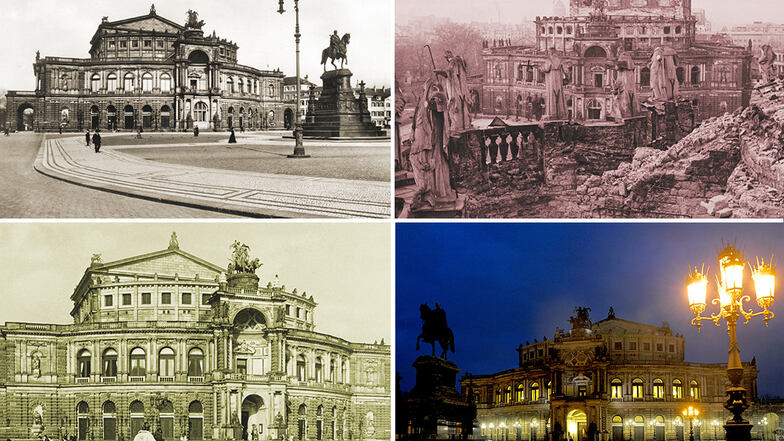 Vier Ansichten des Theaterplatzes zu vier verschiedenen Zeiten. In unserer neuen Serie stellen wir wichtige Orte in Dresden vor und zeigen, wie sie sich im Laufe der Zeit gewandelt haben.