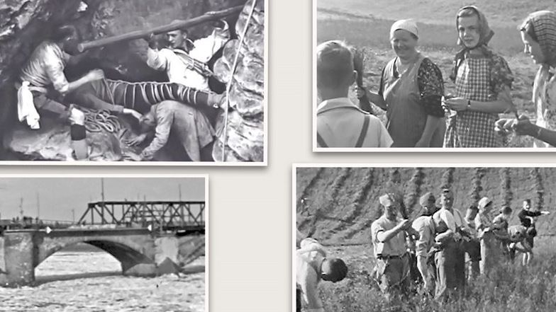 Eine neue DVD zeigt beeindruckende Aufnahmen aus der Region. Darunter sind Bilder einer spektakulären Rettungsaktion nahe der Bastei (l.). Andere zeigen das Bangen um Pirnas beschädigte Elbbrücke 1947 und die Flachsernte vor dem Krieg (r.).