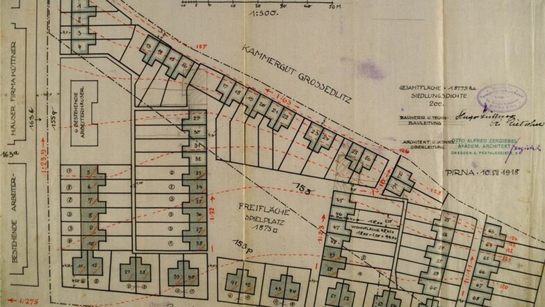 Der Bebauungsplan vom 18. Juli 1918. Der erste Bauabschnitt umfasste die 28 grün schraffierten Wohnhäuser.