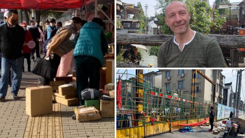 Ein Bild aus keimfreien Tagen: André Pusch (oben rechts) bei einem Ausflug in Shanghai. Jetzt sind die Wohnbezirke abgesperrt (unten rechts), Lieferungen müssen Bewohner selbst abholen (links).