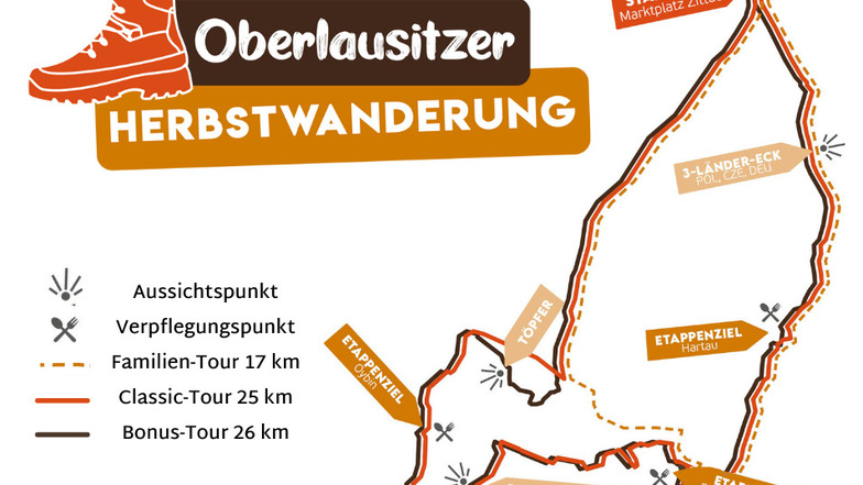 Hier geht's lang: die 3 Touren halten für jedermann etwas bereit und führen an einigen der schönsten Ecken des Zittauer Gebirges vorbei.
