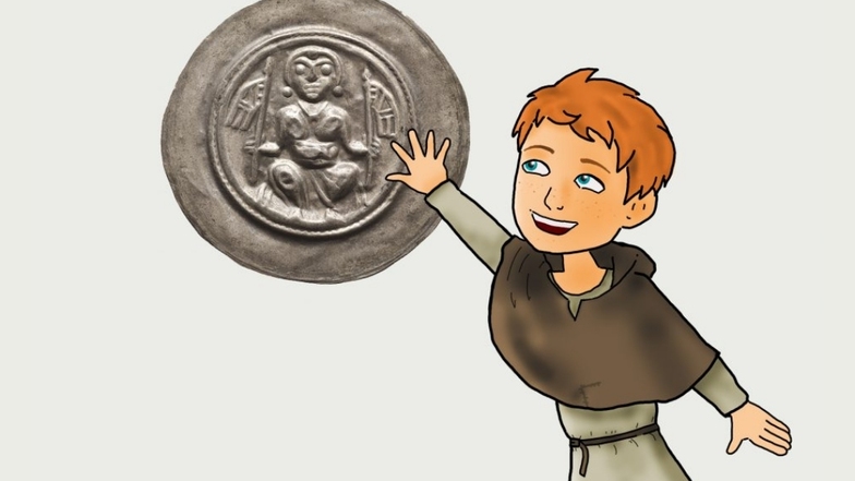 Hier zeigt Frieder, der Begleiter für Kinder durch das Dippser Miberz-Museum eine Münze, die aus dem Silber geprägt wurde.
