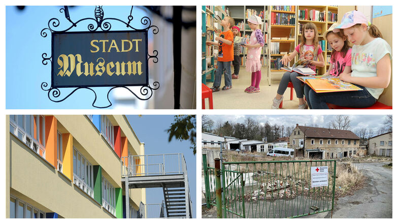 Löbaus Stadtmuseum und die Bibliothek sollen weiter Zuschüsse erhalten. In die Grundschule "Am Löbauer Berg" und den Abriss des "Lausitzer Granit" will die Stadt investieren. (von oben links nach unten rechts)