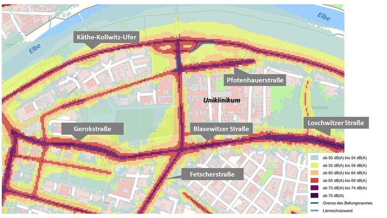 Johannstadt: Gerokstraße und Blasewitzer Straße sind besonders laut.  (Tag-Abend-Nacht-Lärmindex durch Straßenverkehr)