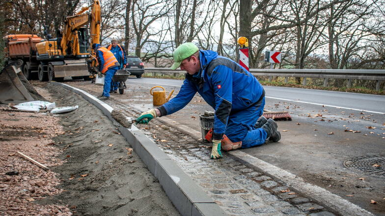 Mitarbeiter der Firma Andrä Straßenbau aus Leisnig bauen derzeit ein 150 Meter langes Teilstück des Gehwegs in Zschepplitz.