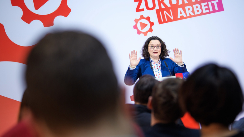 Andrea Nahles, Bundesvorsitzende der SPD, spricht am 11. Februar nach der Klausurtagung der Spitze und des Vorstandes der SPD im Willy-Brandt-Haus  in Berlin. (Symbolfoto).