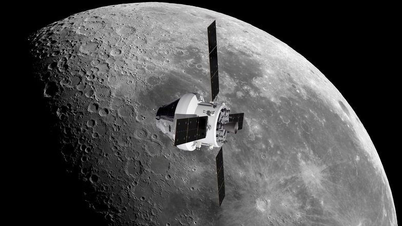 Orion-Raumschiff vor dem Mond. Technik aus Deutschland wird dies mit möglich machen, das Europäische Service Modul.