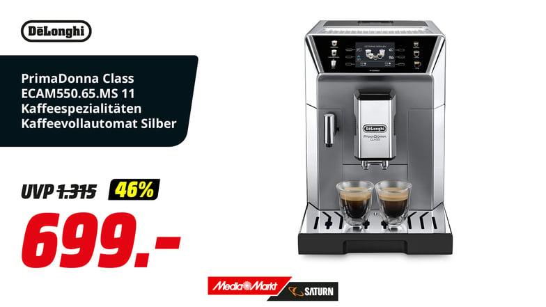 De'Longhi Espresso-/Kaffeevollautomat ECAM 550.65.MS PrimaDonna Class – Premium-Espressomaschine für perfekten Kaffee- und Milchschaumgenuss auf Knopfdruck.