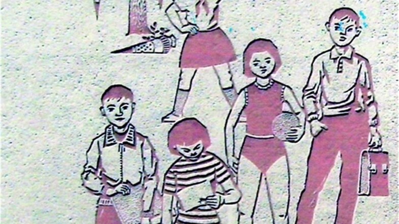 Gisela Kuhnert als das Wandbild an der heutigen Oberschule Großröhrsdorf entstand. Sie ist das Mädchen am Zuckertütenbaum.