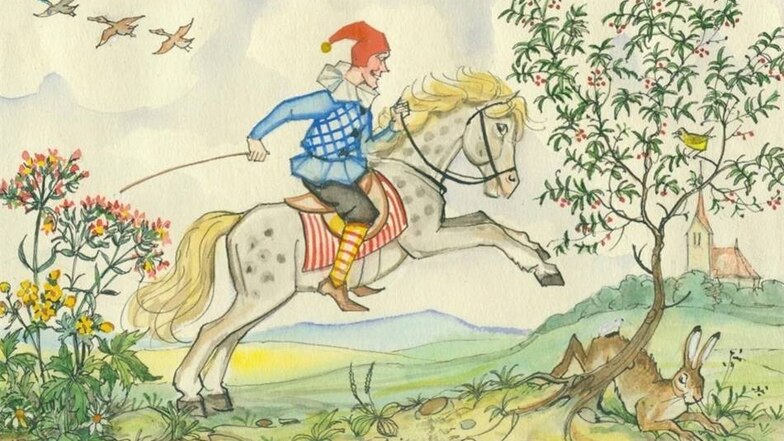 Die Zeichnung ist eine von 14 Original-Aquarellen für das 1948 erschienene Kinderbuch „Kasperles Abenteuer“. Der Kasperle treibt sein Pferd an, der Hase duckt sich vorsichtshalber unter einen Baum. Das Bild hat eine Größe von 15,8 mal 21,7 Zentimetern.