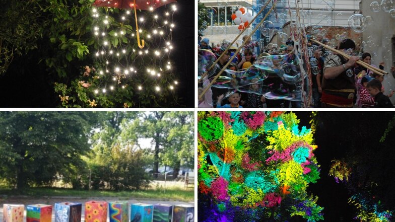 Einige der gebotenen Programmpunkte bei "Ring on Feier": Ein Regenschirmhimmel, Riesenseifenblasen und Lampionumzug, bunte Laternen sowie eine farbenfroh-angestrahlte Platane.