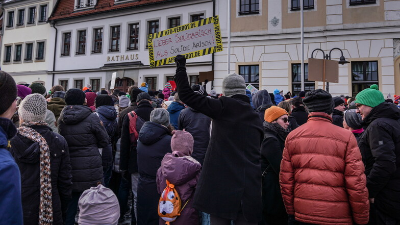 "Lieber solidarisch als solide arisch" - nur eines von zahlreichen Plakaten am Sonntag in Radeberg.
