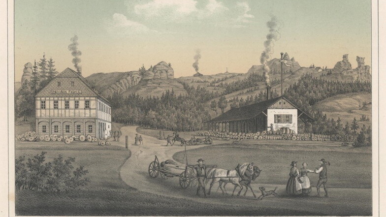 Diese historische Ansicht zeigt die frühere Jonsdorfer Mühlsteinfabrik.