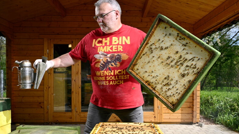 Sven Richter aus Frankenberg imkert  seit 33 Jahren. In der rechten Hand hält er einen sogenannten Smoker. In diesem Gerät erzeugt er Rauch, mit dem die Bienen besänftigt werden.