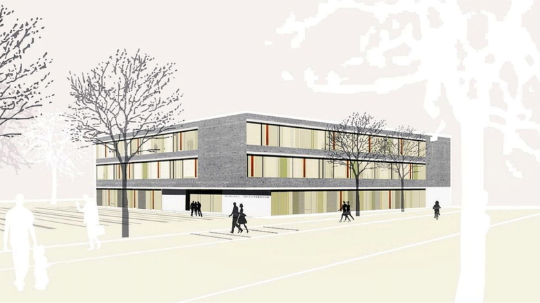 Einen kompakten Bau aus drei Geschossen plant Architekt Michael Auerbacher als Neubau für die Oberschule Kötzschenbroda. Visualisierung