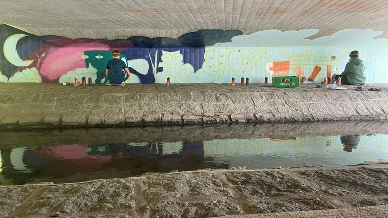 Die Brücke über die Pulsnitz in Königsbrück wurde 2023 von Jugendlichen farbenfroh gestaltet. Unterstützung dafür gab es auch vom Verein Dresdner Heidebogen. Jetzt stellt er wieder Geld für gemeinnützige Arbeitseinsätze bereit.