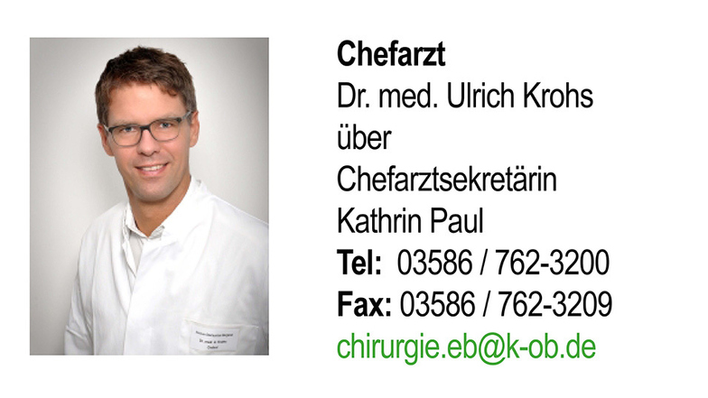 Unter der Leitung von Dr. med. Ulrich Krohs arbeitet das Team in EBERSBACH-NEUGERSDORF. Das Leistungsspektrum beinhaltet hier die Allgemein- und Viszeralchirurgie, die endoskopische und minimal-invasive Chirurgie, das Hernienzentrum sowie die Gefäß-, Kinder-, Unfall-, Hand- und Rheumachirurgie. Dieser Standort beheimatet außerdem die Klinik für Orthopädie.