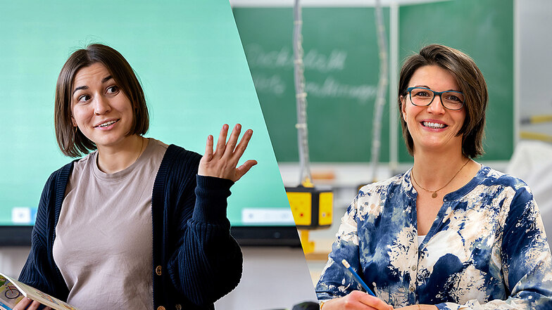 Franziska Broszio (links) und Sara Eißler nehmen am sächsischen Programm für Seiteneinsteigerinnen in den Lehrerberuf teil. Sie arbeiten als Lehrkräfte an der Grundschule Obergurig im Landkreis Bautzen.