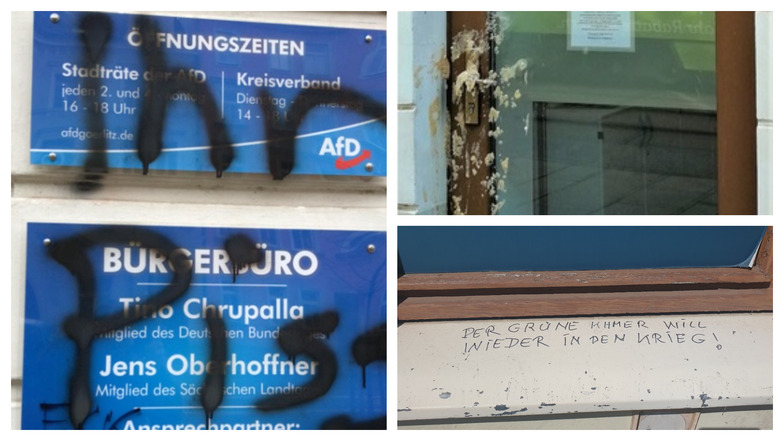 Schmierereien und Essensreste: Drei Beispiele von Anschlägen auf Parteibüros dieses Jahr auf die AfD und Grünen in Zittau und Görlitz.