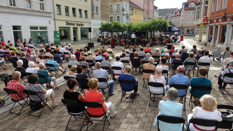 Die Musiker des Mittelsächsischen Theaters spielten am Sonntag auf dem Döbelner Niedermarkt.