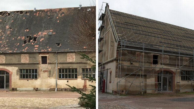 Vorher-Nachher-Vergleich: Die Löcher im Dach des Kuhstalls im Kloster Buch sind repariert. Fotos: Heiner Stephan/Dietmar Thomas