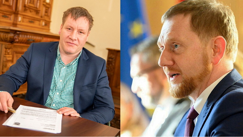 Zwei Männer an einem Tisch: Großenhains Oberbürgermeister Sven Mißbach traf sich am vergangenen Freitag mit Sachsens Ministerpräsident Michael Kretschmer in der Dresdner Staatskanzlei.