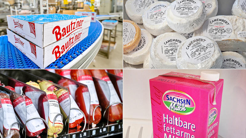 Bautz'ner Senf, Käse aus der Käserei Vetter, Milch von Sachsenmilch und Wurst von Schiebocker (von oben links im Uhrzeigersinn) werden im Landkreis Bautzen hergestellt. Die Produzenten bestimmen zum Teil mit, wie viel Geld die Landwirte verdienen.