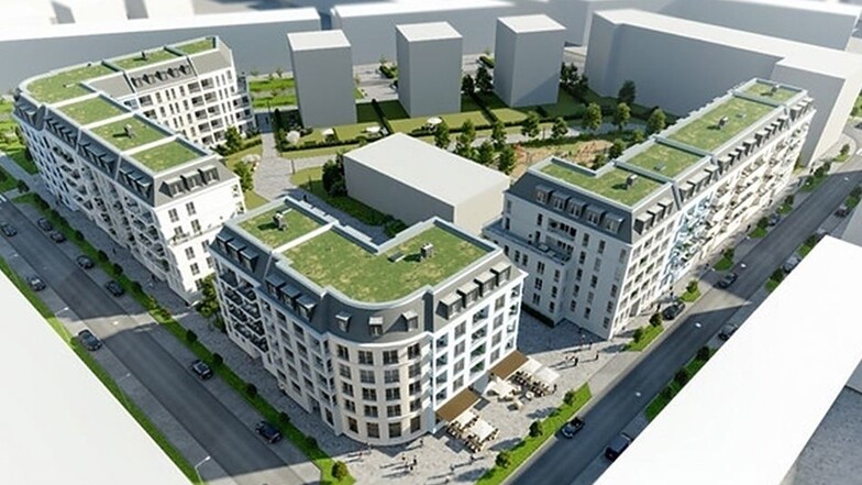 Grüne Dächer und Gauben: So sollen die ersten drei Häuser im neuen Mika-Wohnquartier aussehen.