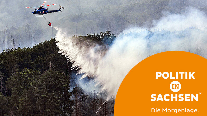 Im Kampf gegen den Waldbrand in der Sächsischen und Böhmischen Schweiz sind auch Löschhubschrauber im Einsatz. Sachsens Innenminister bricht seinen Urlaub ab.