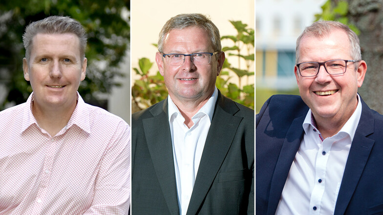 V.l.: Frank Eisold (CDU), Detlef Oelsner (parteilos, von AfD nominiert) und Ilko Keßler (SPD, nominiert vom Bürgerform) wollen Arnsdorfs Bürgermeister werden.