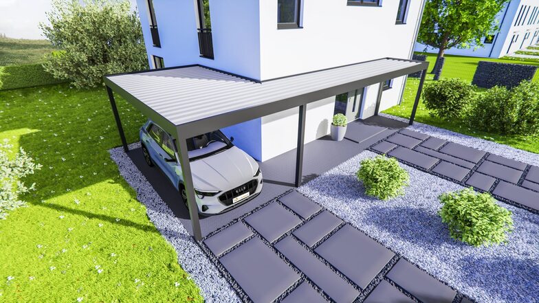 Carport mit Eingangsüberdachung verbunden +Trapezblech Eindeckung