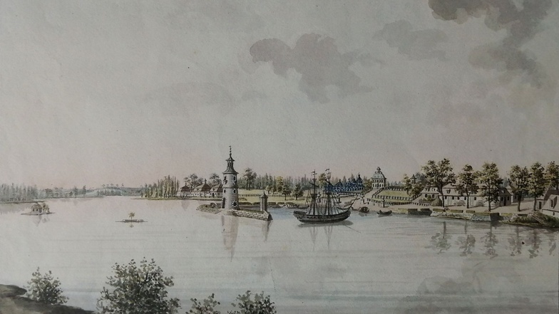 Dieses Aquarell von 1799 zeigt das Fasanenschlösschen und den Fasanengarten von der Seeseite aus.