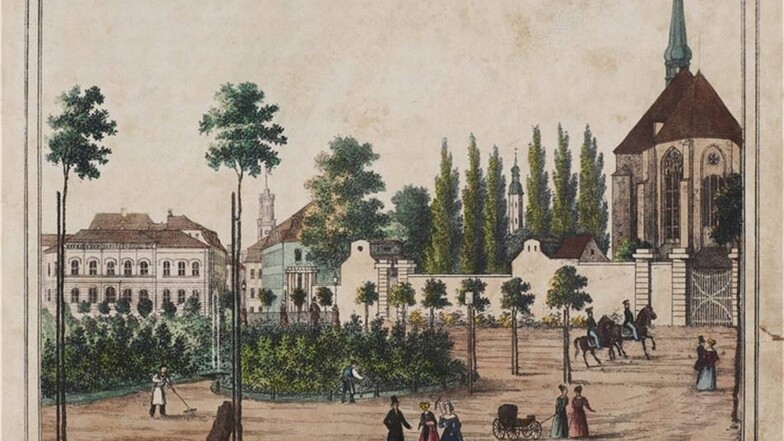 Promenade am neuen Societätsgebäude nahe der Kreuzkirche 1848