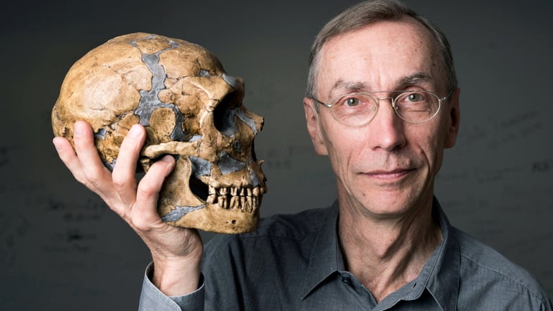Svante Pääbo, Direktor am Max-Planck-Institut für evolutionäre Anthropologie in Leipzig, hält einen Neandertaler-Schädel in der Hand. Sein Team hat das Neandertaler-Genom entziffert und schafft so die Grundlage für genetische Vergleiche mit dem Menschen.