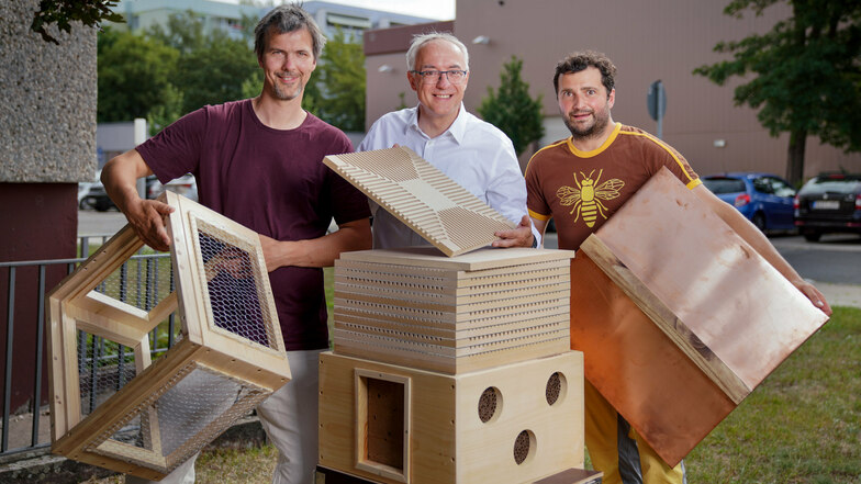André Spindler (links), Dieter Schimanski von der Bee-Rent GmbH und der Bannewitzer Sebastian Habel (rechts) beim Aufbau eines Wildbienen-Hotels.