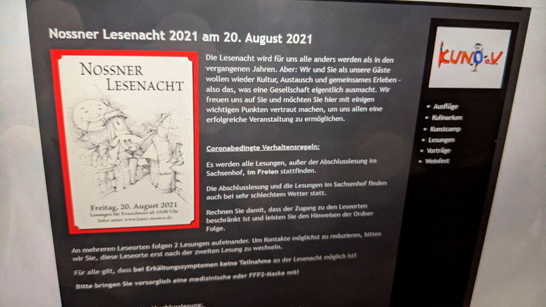 Ankündigung der Lesenacht in Nossen auf der Webseite des KuNo e. V.