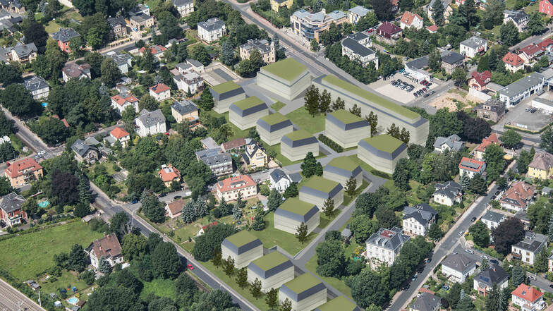 So sehen die ersten Bauentwürfe für den neuen Wasapark aus: Dort, wo jetzt der rote und der weiße Block stehen, kommen Mehrfamilienhäuser hin. Die Riesestraße wird als Rad- und Fußweg fortgesetzt.