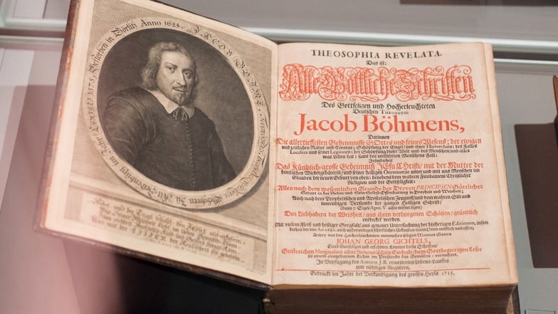 Buch mit einem Porträt Jacob Böhmes, wie ihn sich seine niederländischen Anhänger vorstellten. Kupferstich von Pieter Stevensz van Gunst, 1715.