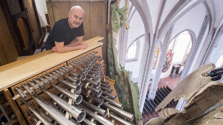 Dem Himmel ganz nah ist Kirchenmusikdirektor Reinhard Seeliger, wenn er zum neuen Orgelregister "Spanische Trompeten"  an der Sonnenorgel in der Görlitzer Peterskirche hinaufsteigt.