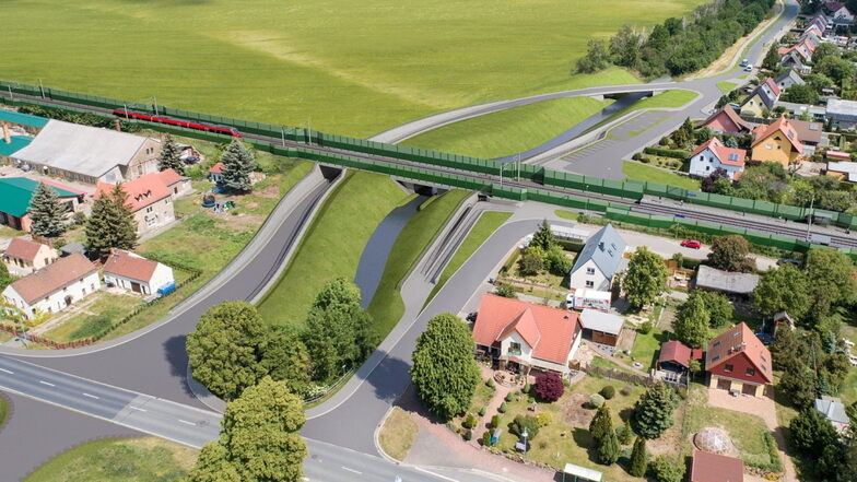 So soll die Bahnhofsstraße (links) in Glaubitz ab 2025 unter die Bahnstrecke führen. Zu erkennen sind auch die Brücke für den Floßgraben und der Fußgängertunnel.