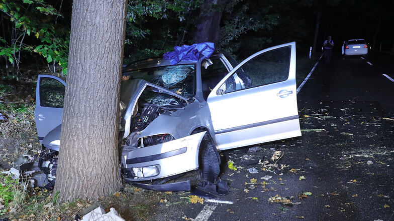 Dieser Skoda Octavia ist nach einem Ausweichmanöver gegen einen Baum geprallt. Der Fahrer wurde schwer verletzt.