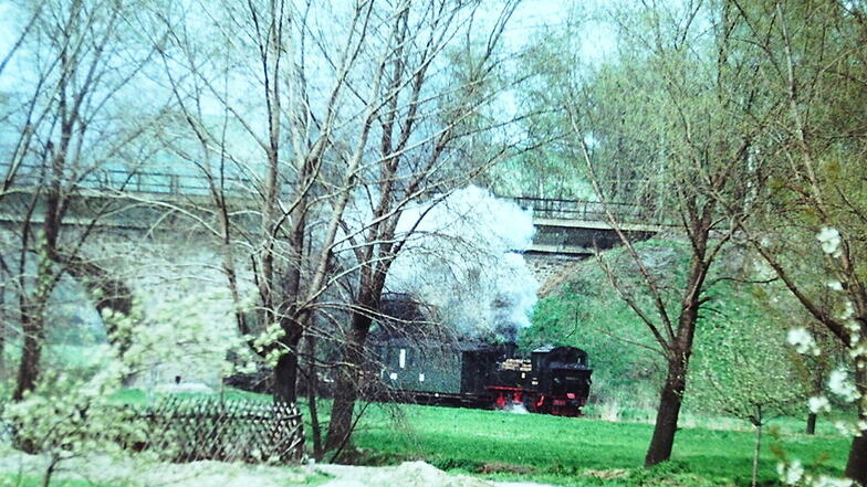 Hier durchfährt die Schmalspurbahn auf der Strecke nach Strehla das Viadukt Oschatz.