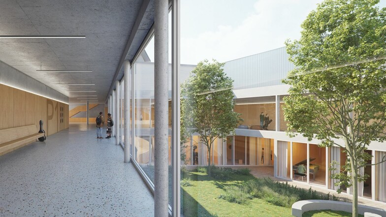 So soll der grüne Innenhof des neuen Komplexes für die Musikhochschule gestaltet werden. In den Räumen um den Hof werden die Musikstudenten proben.
