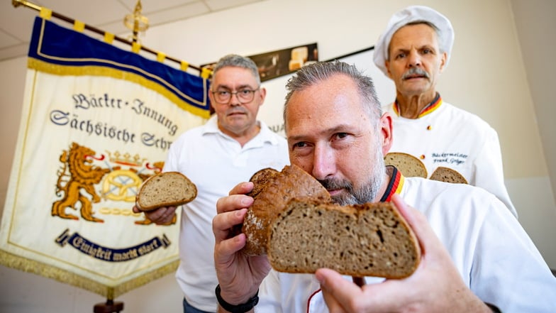 Herr der Krumenprüfung ist André Bernatzky vom Deutschen Brotinstitut. Hinter ihm Thomas  Mehnert (links) von der  Bäckerei & Konditorei und Frank Gröger von der Bäckerei Gröger.