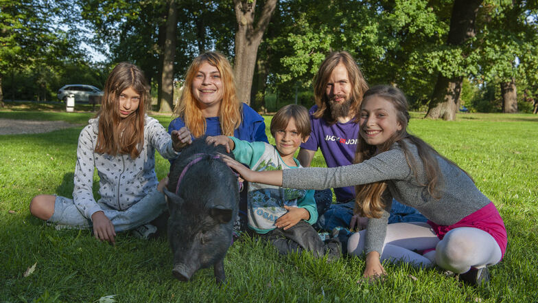 Für die Familie ein normaler Nachmittag im Stadtpark: Luna, Christina, Kevin, Minou und Kokuto mit ihrem Schweinchen Kibo. Die Großenhainer sind von dem Vierbeiner begeistert.