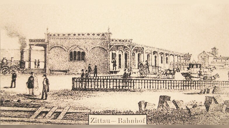 Historische Zeichnung des ersten Zittauer Bahnhofes mit der Gaststätte „Zur Burg“ im Hintergrund.